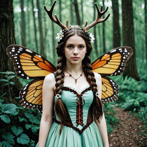 Young Woman in Fairy Woodland Costume with Butterfly Wings and Antlers