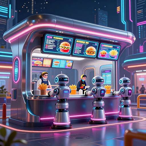 Neon-lit futuristic fast food stand with robotic servers, vibrant menu displays, and two human employees in a cyberpunk cityscape.