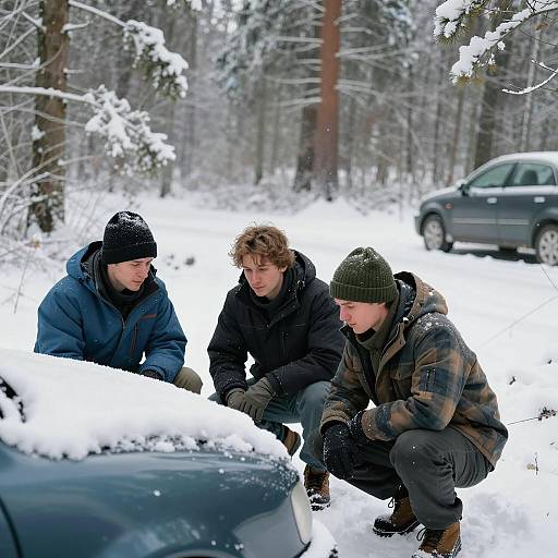 Three Men Inspecting Snow-Covered Car Hood in Winter Forest