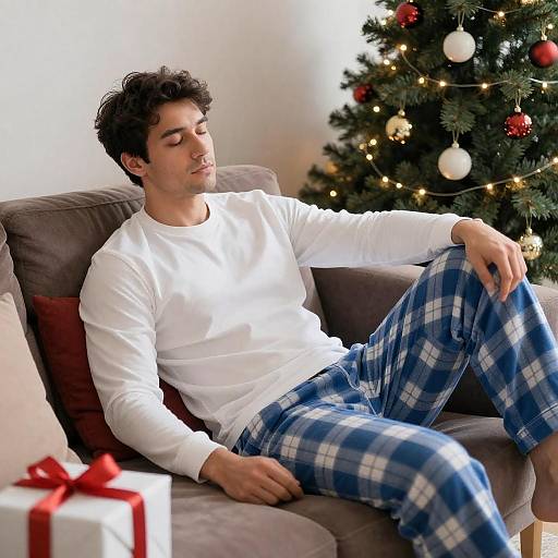 Man Reclining on Couch by Christmas Tree