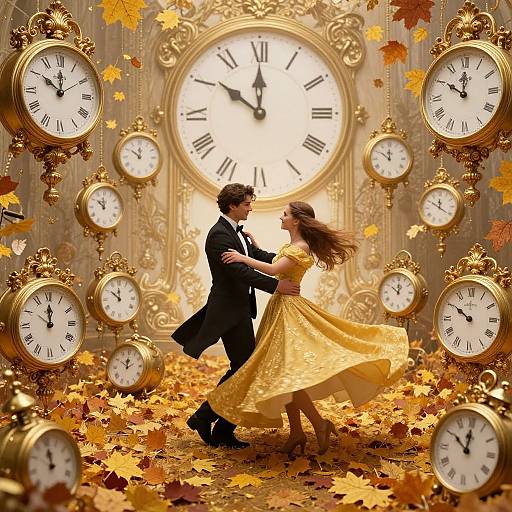 Photograph of a romantic couple dancing in a golden clock-filled room with autumn leaves, wearing formal attire, illuminated by central clock.