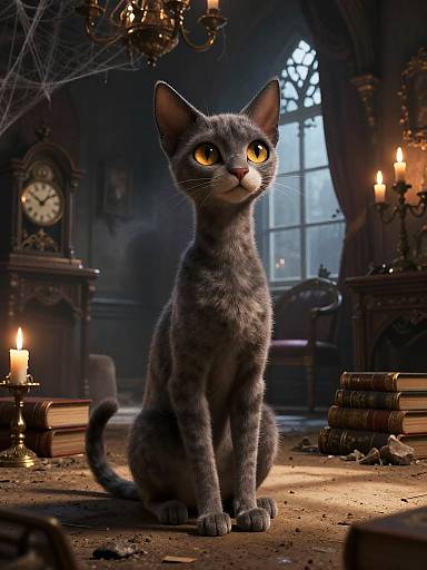 Digital artwork of a gray, wide-eyed cat sitting in a dimly lit, Victorian-style library with candles, books, and an old clock.