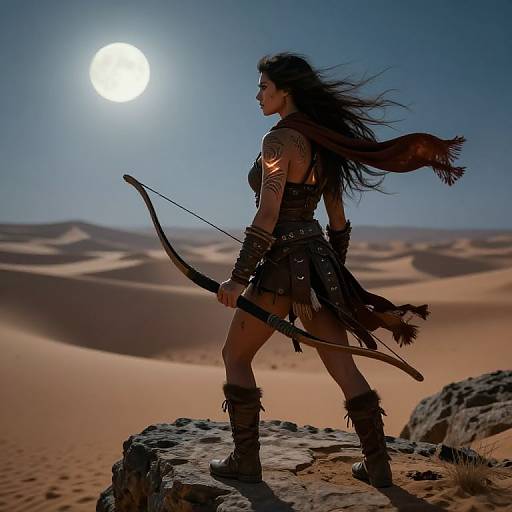 Photograph of a fierce, tattooed woman with long black hair, wearing tribal attire, standing on a rock in a desert under a bright sun,