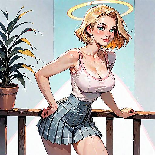 Blonde Woman with Plaid Skirt and Freckles