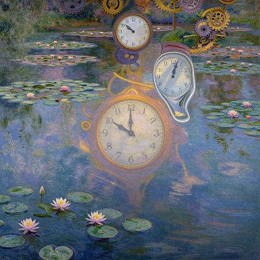 Digital artwork: Two clocks floating above a reflective pond with lily pads and pink water lilies, surrounded by gold gears, creating a surreal, ste