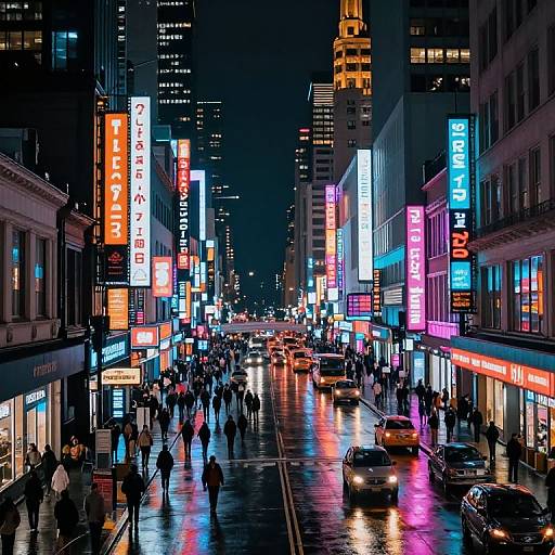 Vibrant nighttime photograph of a busy urban street, illuminated by colorful neon signs, crowded with people, and lined with tall buildings.
