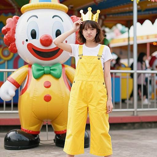 Photograph of a young woman in yellow overalls and a small yellow crown, standing in front of a large, colorful clown statue at a carnival.