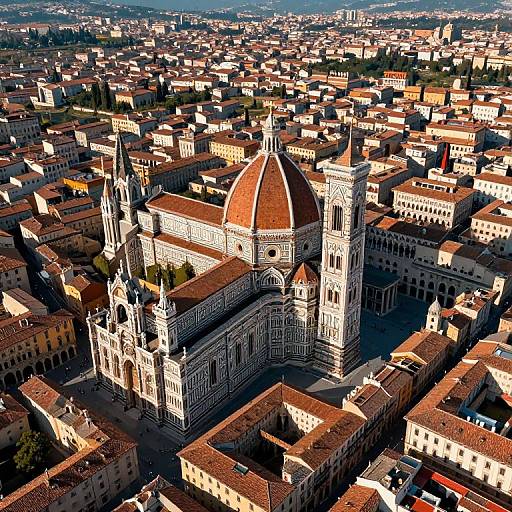 Aerial photograph of Florence's Cathedral, Santa Maria del Fiore, with its red dome and twin bell towers, surrounded by densely packed terracotta