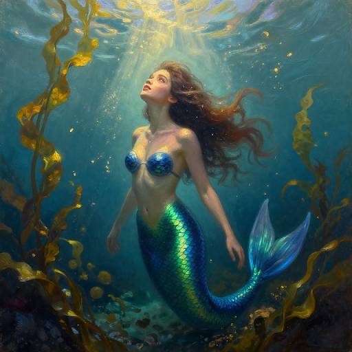 Digital painting of a beautiful mermaid with blue-green scales and shimmering top, floating underwater among golden seaweed, bathed in sunlight.