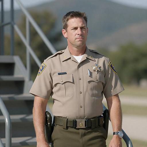 Serious Sheriff on Metal Staircase