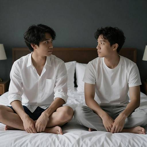 Two Men Sitting Cross-Legged on Bed Facing Each Other