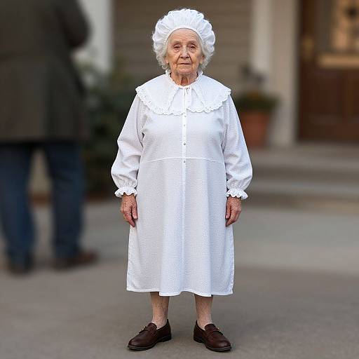 Photograph of an elderly white woman with short gray hair, wearing a white dress and bonnet, standing outdoors in front of a building, with blurred