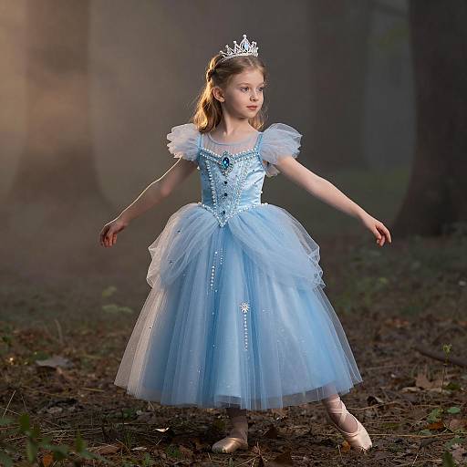 Young Girl in Blue Princess Dress Dancing in Forest