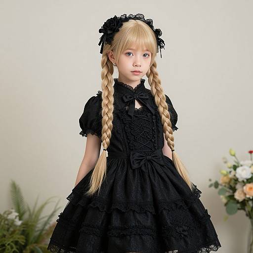 Photograph of a young girl with long blonde braids, wearing a detailed black gothic dress and lace headdress, standing against a plain white background