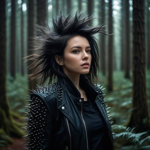 Punk Woman in Spiked Leather Jacket in Forest