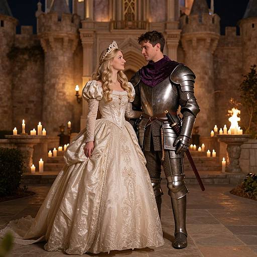 Photograph of a blonde princess in a detailed white gown and tiara, standing beside a dark-haired knight in silver armor, surrounded by candles in a