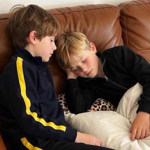 Two Boys on Brown Leather Couch