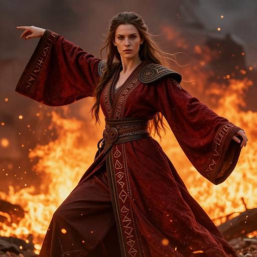 Photorealistic CGI of a fierce, long-haired woman in a red, intricately embroidered robe, pointing forward against a blazing, fiery background.