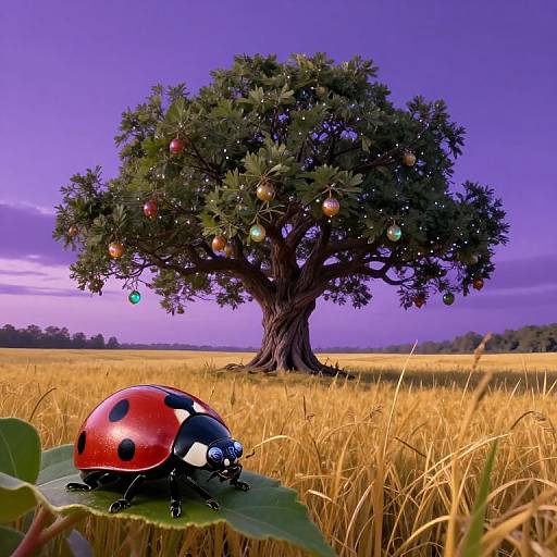 Photograph of a vibrant red ladybug with black spots on a green leaf in a golden wheat field, with a large tree adorned with colorful ornaments against