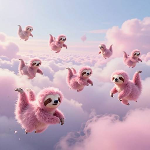 Digital art of pink, fluffy sloths with smiling faces flying through a sky filled with pink and white clouds.