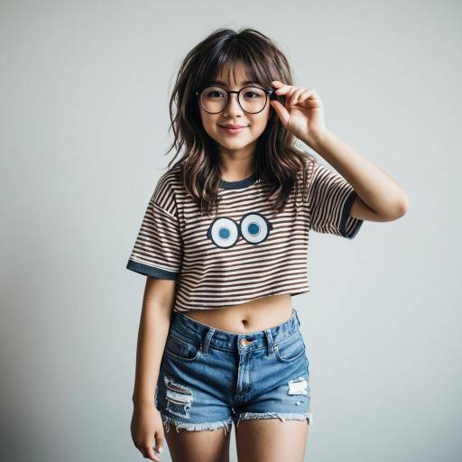 Young Woman in Casual Striped Crop Top and Denim Shorts