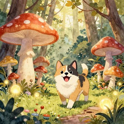 Doge Cat in Whimsical Mushroom Forest
