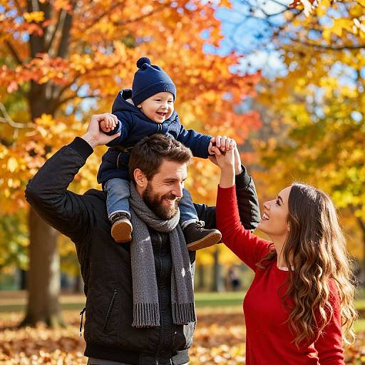 Photograph of a bearded man in a black coat and gray scarf carrying a laughing toddler in a navy hat and coat, while a woman in a