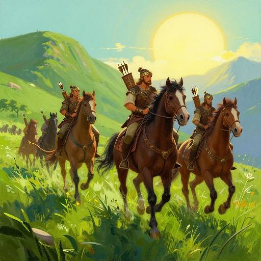 Digital painting of four armored archers riding brown horses through a sunlit, green mountain meadow, with a bright sun in the background.