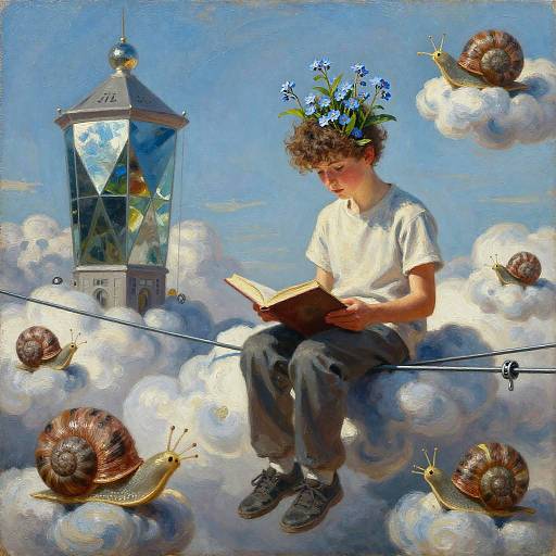 Surreal Teen Reading Amid Clouds