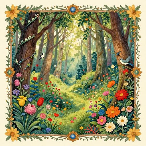 Vibrant digital illustration of a sunlit forest clearing, filled with colorful wildflowers, tall trees, and butterflies, framed with ornate floral borders