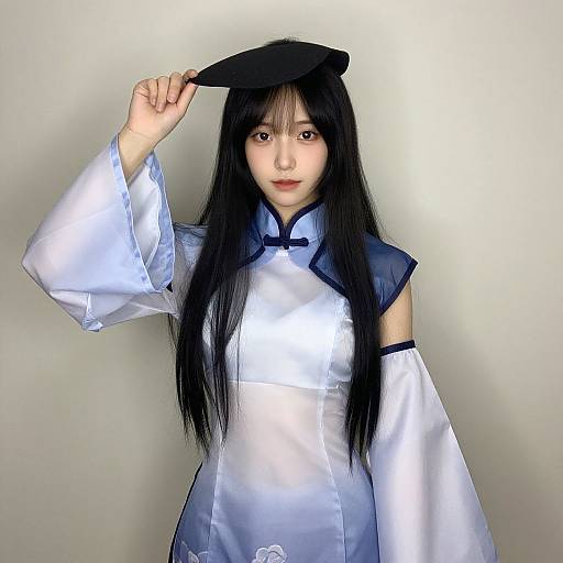 Photograph of an Asian woman with long black hair, wearing a silver and blue traditional Chinese-style dress, holding a black hat above her head. Plain