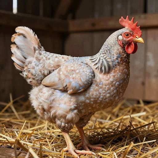 Photograph of a speckled grey and white hen with a bright red comb and wattles, standing on straw in a wooden coop.