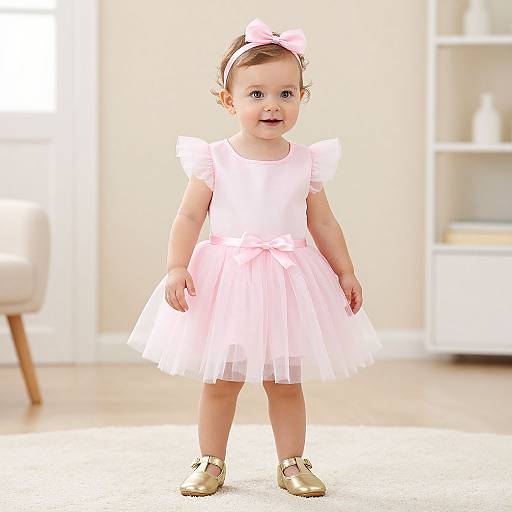 Photograph of a smiling baby girl in a pink tulle dress, pink bow headband, and beige shoes, standing on a white carpet in a