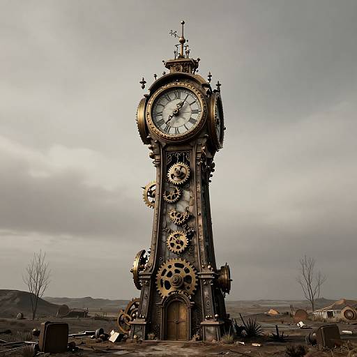 Photograph of a tall, steampunk-style clock tower with large gears, standing in a barren, overcast landscape with distant hills.