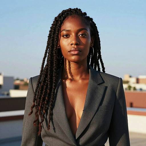 Photograph of a confident African-American woman with long dreadlocks, wearing a dark gray blazer with a deep V-neck, standing on a rooftop against