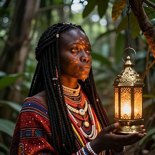 Photograph of a dark-skinned African woman with braided hair, wearing colorful beaded jewelry and traditional red patterned garment, holding a glowing lantern
