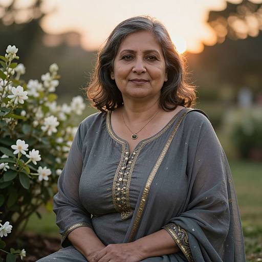 Photograph of an elderly Indian woman with medium-length dark hair, wearing a gray traditional kurta with gold embroidery, seated outdoors at sunset, with white