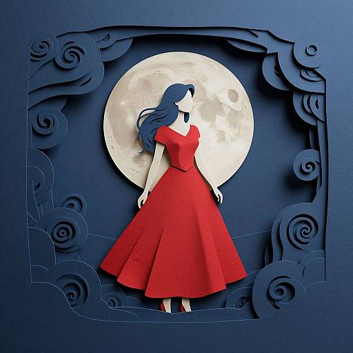 Digital illustration of a woman in a red dress, standing before a large moon, surrounded by dark blue clouds on a textured blue background.