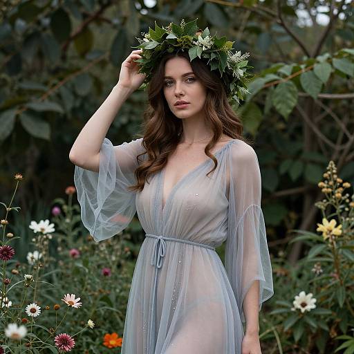 Photograph of a fair-skinned woman with long brown hair, wearing a sheer, blue floral dress and green leafy crown, standing in a vibrant