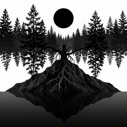 Silhouetted black tree with exposed roots stands on a mountain under a full moon, surrounded by dense pine trees. Digital black-and-white illustration.