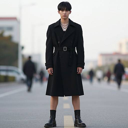 Photograph of an androgynous person with short black hair, wearing a black belted trench coat, necklace, black socks, and boots,