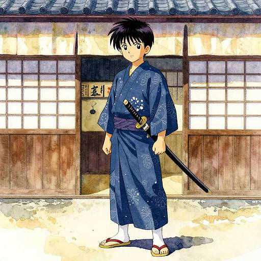 Anime Boy in Blue Kimono Scene