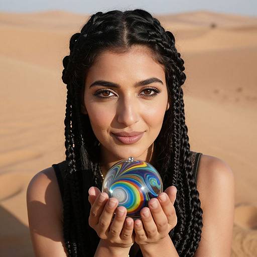 Photograph of a young Black woman with braided hair, holding a colorful, swirling glass orb, set against a sandy desert backdrop.
