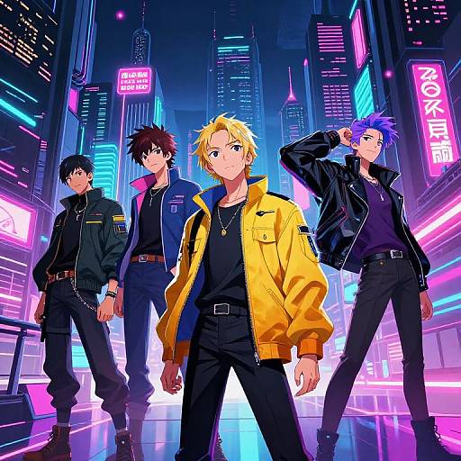 Digital anime artwork of four stylish, youthful men in black and yellow jackets, standing confidently in a vibrant, neon-lit cityscape.