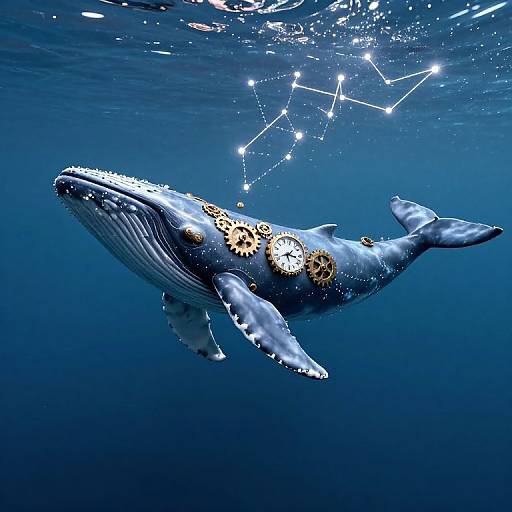 Photograph of a blue whale with barnacles on its skin, swimming in deep blue ocean water with a constellation of stars above.