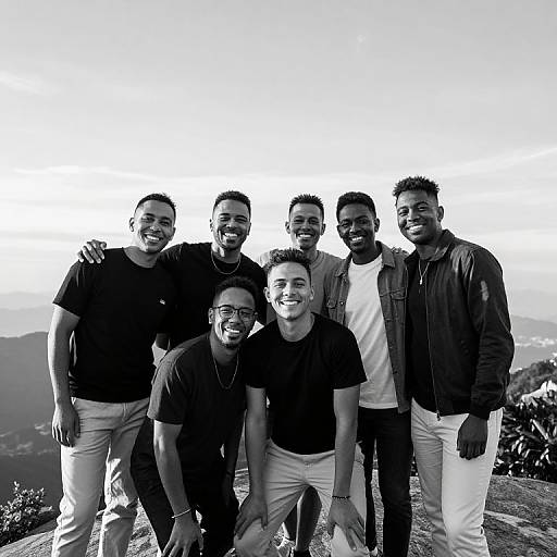 Black-and-white photograph of six smiling, diverse men standing and kneeling on a mountain peak, wearing casual clothes, with a panoramic view behind them.