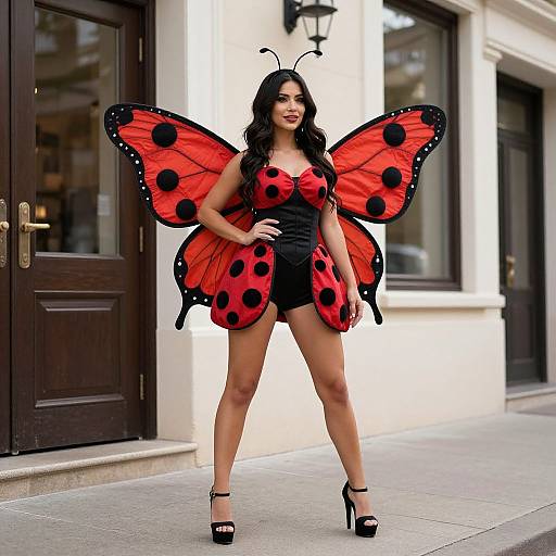 Photograph of a woman with long black hair, wearing a red and black polka-dot butterfly costume, black high heels, standing confidently on a city