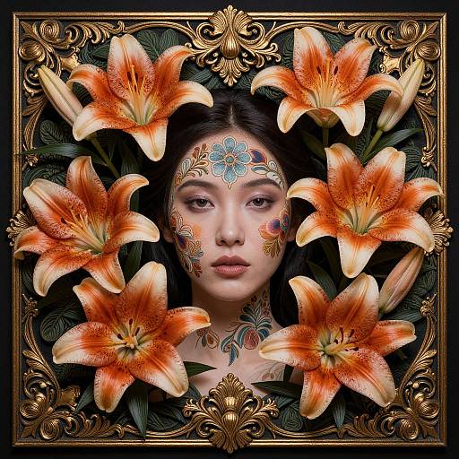 Digital artwork featuring an Asian woman with intricate face paint, surrounded by vibrant orange lilies, framed by ornate gold borders.