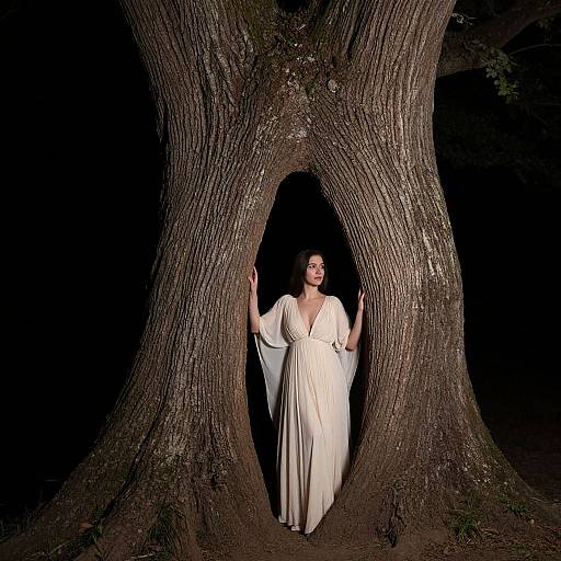 Photograph of a woman with dark hair, wearing a white, flowing robe, standing in a large, hollow tree at night.