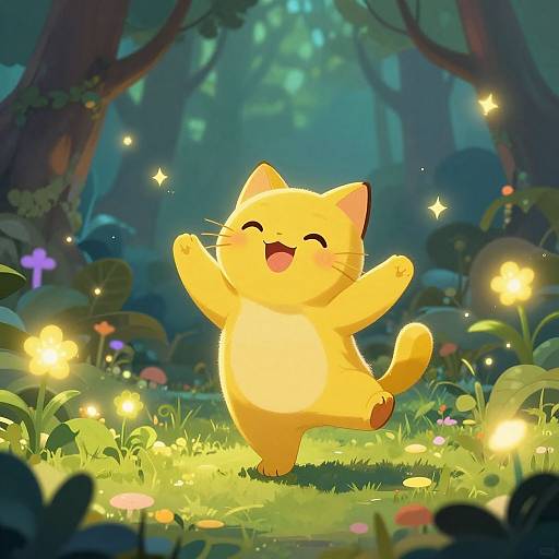 Cute, cheerful yellow cartoon cat joyfully dancing in a magical forest, surrounded by glowing fireflies and vibrant, colorful plants. Digital art in a